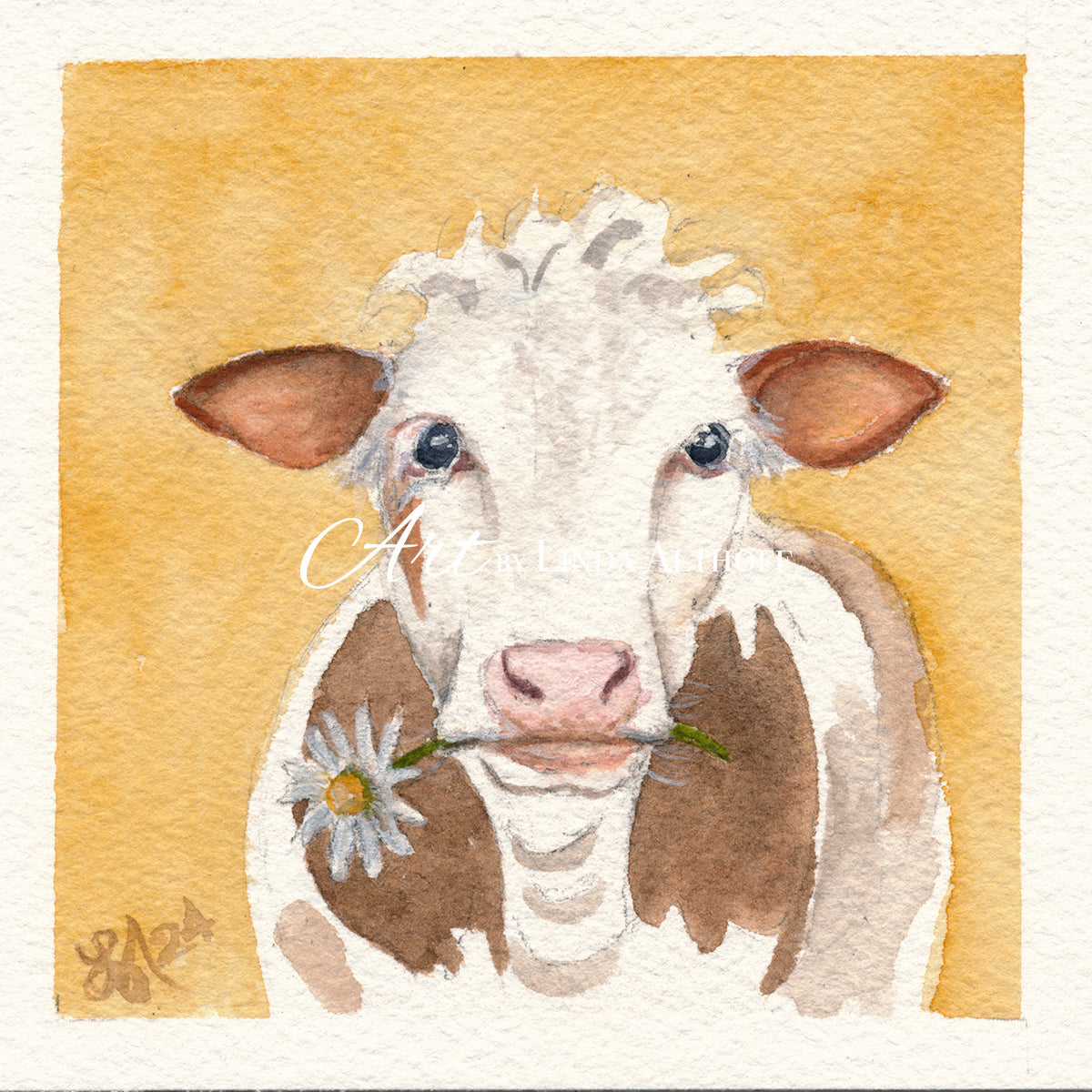 Daisy the Cow 4x4 Original Watercolor Painting